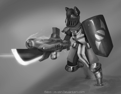 Size: 2700x2100 | Tagged: safe, artist:mopyr, derpibooru import, anthro, armor, charge, grayscale, gunlance, knight, monochrome, perspective, shield, solo, weapon