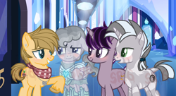 Size: 1024x558 | Tagged: safe, artist:superrosey16, derpibooru import, oc, oc only, oc:johnny appleseed, oc:libra star, oc:spectrum light, oc:zulu, crystal pony, earth pony, pony, unicorn, zebra, base used, male, offspring, parent:applejack, parent:caramel, parents:carajack, stallion