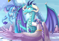 Size: 1040x731 | Tagged: safe, artist:bijutsuyoukai, derpibooru import, princess ember, princess flurry heart, oc, oc:frostbite, dracony, hybrid, interspecies offspring, magical lesbian spawn, offspring, older, older flurry heart, parent:princess ember, parent:princess flurry heart, parents:emberheart