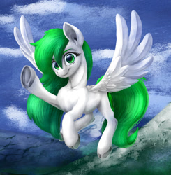 Size: 1024x1047 | Tagged: safe, artist:thatonegib, derpibooru import, oc, oc only, oc:peri, pegasus, pony, chest fluff, cloud, commission, female, flying, gift art, green hair, hooves, long mane, long tail, looking at you, mare, mountain, smiling, snow, solo, spread wings, wings