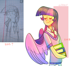 Size: 1783x1600 | Tagged: safe, alternate version, artist:1racat, derpibooru import, twilight sparkle, human, before and after, book, comparison, eyes closed, female, humanized, sketch, smiling, solo, winged humanization, wings