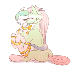 Size: 3000x3000 | Tagged: safe, artist:moonhoek, derpibooru import, oc, oc only, oc:mi-mi, oc:shirohana, pony, couple, cute, digital art, female, full body, gift art, horn, lesbian, lipstick, love, mare, rcf community, shipping, simple background, white background