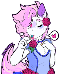 Size: 1921x2372 | Tagged: safe, artist:iroxykun, derpibooru import, oc, oc only, oc:starbomb, anthro, hybrid, zebra, candy, clothes, collar, color outline, crossdressing, dress, femboy, flower, food, heart, heart pictogram, lollipop, male, pictogram, solo