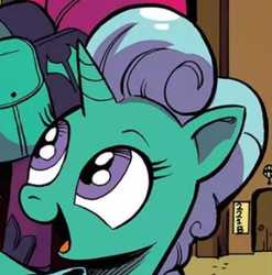 Size: 342x346 | Tagged: safe, artist:andypriceart, derpibooru import, idw, glitter drops, tempest shadow, pony, spoiler:comic, spoiler:comic67, cropped, female, happy, mare, official comic