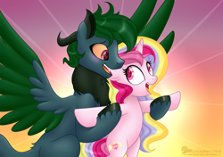 Size: 5069x3559 | Tagged: safe, artist:raspberrystudios, derpibooru import, oc, oc only, oc:aurelia charm, oc:zae fervor, alicorn, draconequus, alicorn oc, chest fluff, draconequus oc, horn, looking at each other, love, multicolored hair, oc x oc, shipping, titanic, unshorn fetlocks, wings