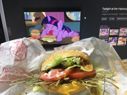 Size: 850x637 | Tagged: safe, derpibooru import, coco crusoe, twilight sparkle, twilight sparkle (alicorn), alicorn, twilight time, burger, defictionalization, food, google, hamburger, hangul, hay, hay burger, irl, korean, mcdonald's, monitor, photo, twilight burgkle, waifu dinner