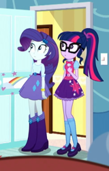 Size: 326x510 | Tagged: safe, derpibooru import, screencap, rarity, sci-twi, twilight sparkle, eqg summertime shorts, equestria girls, leaping off the page, boots, clothes, cropped, female, glasses, mary janes, ponytail, rainbow dash's bedroom, rainbow dash's house, shoes, skirt