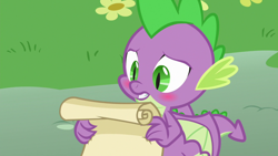 Size: 1280x720 | Tagged: safe, derpibooru import, screencap, spike, dragon, father knows beast, blushing, male, solo, winged spike, wings