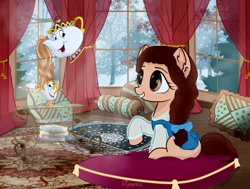 Size: 1500x1133 | Tagged: safe, artist:reterica, derpibooru import, pony, beauty, beauty and the beast, belle, book, bow, braid, brown eyes, brown hair, carpet, chip, clothes, crossover, cup, curtains, disney, disney princess, dress, food, hair bow, long hair, mrs potts, pillow, ponified, solo, table, tea, teapot, window, winter