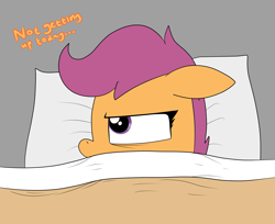 Size: 1459x1189 | Tagged: safe, artist:moonatik, derpibooru import, scootaloo, pegasus, pony, 30 minute art challenge, bed, female, filly, pillow, solo, tired