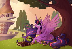 Size: 2000x1370 | Tagged: safe, artist:28gooddays, derpibooru import, princess twilight 2.0, twilight sparkle, twilight sparkle (alicorn), alicorn, pony, book, bookends, canterlot, ethereal mane, female, hilarious in hindsight, jewelry, looking up, mare, possible spoilers, prone, regalia, series finale, smiling, solo, spread wings, tree, ultimate twilight, wings