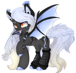 Size: 1280x1230 | Tagged: safe, artist:malicious-demi, derpibooru import, oc, oc only, bat pony, pony, bat pony oc, bat wings, braid, braided tail, cute, cute little fangs, ear tufts, fangs, female, fishnets, hoof polish, looking at you, mare, one hoof raised, orange eyes, raised eyebrow, silver hair, simple background, solo, spread wings, standing, stripes, tongue out, transparent background, wings