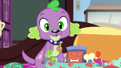 Size: 1280x720 | Tagged: safe, derpibooru import, screencap, spike, spike the regular dog, dog, better together, equestria girls, reboxing with spike!, fabulous fido's faberge flying disk, male, paws, sci-twi's room, solo, spike's dog collar