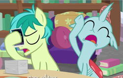 Size: 883x563 | Tagged: safe, derpibooru import, screencap, ocellus, sandbar, changedling, changeling, earth pony, pony, what lies beneath, book, bookshelf, facehoof, groan, male, pictures, sandbar is not amused, teenager