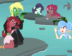 Size: 1024x792 | Tagged: safe, artist:wubcakeva, derpibooru import, oc, oc only, oc:mezma, oc:northbridge, mermaid, equestria girls, clothes, equestria girls-ified, female, mermaid lovers, mezbridge, oc x oc, shipping, smiling, unnamed oc, water