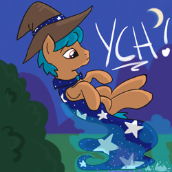 Size: 2100x2100 | Tagged: safe, artist:lannielona, derpibooru import, pony, advertisement, broken glass, cape, clothes, commission, hat, levitation, magic, male, moon, night, sketch, solo, stallion, stars, telekinesis, wizard, wizard hat, your character here