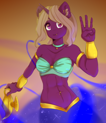 Size: 1458x1694 | Tagged: safe, artist:tigra0118, derpibooru import, oc, oc only, oc:violet light, anthro, anthro oc, breasts, female, gold, solo, ych result