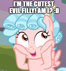 Size: 500x541 | Tagged: safe, artist:nukarulesthehouse1, derpibooru import, edit, edited screencap, screencap, cozy glow, pegasus, pony, school raze, caption, chubby cheeks, cozy glow is best facemaker, cozybetes, curly hair, cute, female, filly, foal, funny, image macro, meme, pure concentrated unfiltered evil of the utmost potency, small wings, solo, text