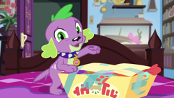 Size: 1280x720 | Tagged: safe, derpibooru import, screencap, spike, spike the regular dog, dog, better together, equestria girls, reboxing with spike!, male, paw pads, paws, sci-twi's room, solo, spike's dog collar, underpaw