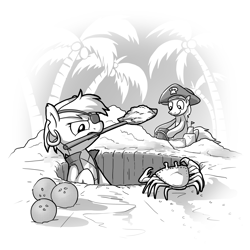 Size: 4000x4000 | Tagged: safe, artist:petirep, derpibooru import, oc, oc only, crab, pony, black and white, buck legacy, bucket, card art, clothes, coconut, digging, ear piercing, eyepatch, food, grayscale, hat, male, monochrome, palm tree, piercing, pirate, sand, sandcastle, shovel, simple background, tree