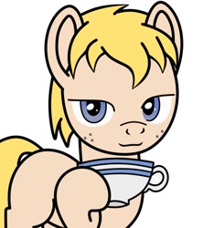 Size: 698x786 | Tagged: safe, artist:lucid_mane, derpibooru import, oc, oc:lucid mane, earth pony, pony, cup, freckles, hoof hold, lidded eyes, male, simple background, smiling, smug, solo, teacup, transparent background, vector