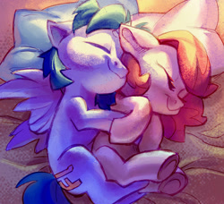 Size: 1280x1169 | Tagged: safe, artist:holivi, derpibooru import, oc, oc only, oc:bender watt, oc:holivi, alicorn, earth pony, pony, alicorn oc, explicit source, female, holiwatt, male, mare, morning, snuggling, stallion, straight, underhoof