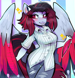 Size: 1024x1056 | Tagged: safe, artist:rayadra, derpibooru import, oc, oc only, anthro, bat pony, abstract background, anthro oc, art trade, bat pony oc, blushing, clothes, colored wings, cute, cute little fangs, digital art, fangs, female, freckles, gradient hair, gradient mane, jeans, looking at you, mare, multicolored wings, pants, red eyes, ripped jeans, smiling, solo