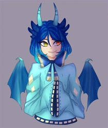 Size: 1816x2160 | Tagged: safe, artist:my-little_kotic, derpibooru import, princess ember, dragon, human, bowtie, clothes, gray background, horned humanization, horns, humanized, simple background, slit eyes, winged humanization, wings