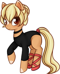 Size: 571x704 | Tagged: safe, alternate version, artist:syt-adopts, derpibooru import, oc, oc only, oc:graceful aplomb, earth pony, pony, ballerina, ballet slippers, blaze (coat marking), blushing, choker, clothes, female, leotard, mare, raised hoof, shoes, simple background, solo, tail wrap, transparent background