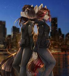 Size: 2700x3000 | Tagged: safe, artist:alicesmitt31, derpibooru import, oc, oc only, anthro, anthro oc, city, clothes, digital art, duo, female, high res, holding hands, jeans, lesbian, mare, oc x oc, pants, shipping, shirt, signature, ych result