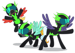 Size: 7778x5517 | Tagged: safe, artist:dragonchaser123, derpibooru import, lightning dust, rolling thunder, short fuse, pegasus, pony, the washouts (episode), absurd resolution, clothes, female, goggles, helmet, male, mare, pose, simple background, stallion, the washouts, transparent background, trio, uniform, vector, washouts uniform
