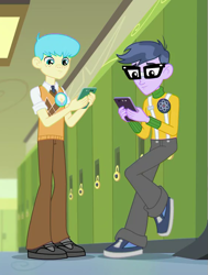 Size: 559x741 | Tagged: safe, derpibooru import, screencap, bright idea, microchips, better together, equestria girls, overpowered (equestria girls), background human, cellphone, clothes, glasses, lockers, male, pants, phone, shoes, smartphone, sneakers, texting