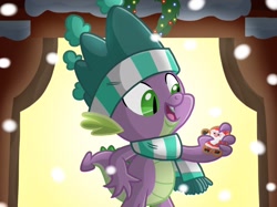 Size: 2732x2048 | Tagged: safe, artist:justsomepainter11, derpibooru import, spike, dragon, best gift ever, clothes, cookie, cute, food, hat, it's a pony kind of christmas, jolly ol saint nicholas, jolly ol saint nick, male, open mouth, santa claus, scarf, singing, snow, solo, song, song reference, spikabetes, stocking cap, winged spike