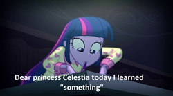 Size: 1280x714 | Tagged: safe, derpibooru import, edit, edited screencap, screencap, twilight sparkle, equestria girls, caption, dear princess celestia, image macro, meme, solo, text, writing