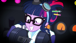 Size: 1920x1080 | Tagged: safe, derpibooru import, screencap, sci-twi, twilight sparkle, eqg summertime shorts, equestria girls, mad twience, clothes, goggles, lab coat, mad scientist, plug