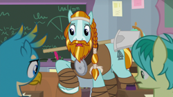 Size: 1280x720 | Tagged: safe, derpibooru import, screencap, gallus, rockhoof, sandbar, a rockhoof and a hard place, desk, rockhoof's shovel