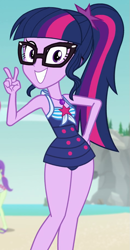 Size: 471x906 | Tagged: safe, derpibooru import, screencap, sci-twi, twilight sparkle, better together, equestria girls, forgotten friendship, adorasexy, beach, clothes, cropped, cute, female, geode of telekinesis, glasses, hand on hip, ocean, peace sign, rock horse, sand, sexy, sexy egghead, smiling, solo, solo focus, swimsuit, thighs