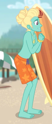 Size: 187x441 | Tagged: safe, derpibooru import, screencap, zephyr breeze, better together, blue crushed, equestria girls, bare chest, barefoot, clothes, cropped, feet, gladys, legs, male, partial nudity, shorts, smiling, sunglasses, surfboard, swimming trunks, topless, zephyr's necklace