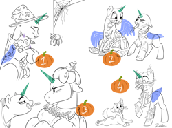 Size: 1280x954 | Tagged: safe, artist:rutkotka, derpibooru import, oc, cat, spider, timber wolf, advertisement, candy, clothes, commission, costume, female, filly, food, funny, halloween, holiday, male, mare, mother, pumpkin, skeleton costume, spider web, stallion, surgeon, witch, your character here