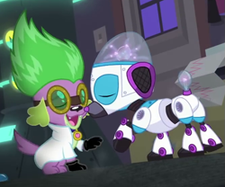 Size: 667x555 | Tagged: safe, derpibooru import, screencap, spike, spike the regular dog, dog, robot, eqg summertime shorts, equestria girls, mad twience, clothes, cropped, eyes closed, gloves, goggles, jacket, robot dog, smiling