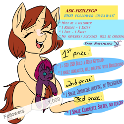 Size: 1000x1000 | Tagged: safe, artist:ericative, derpibooru import, fizzlepop berrytwist, tempest shadow, oc, pony, unicorn, ask-fizzlepop, broken horn, eye scar, horn, plushie, scar