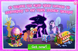 Size: 1034x688 | Tagged: safe, derpibooru import, idw, amira, sweet pepper, tantabus, deer, pegasus, pony, saddle arabian, do princesses dream of magic sheep, advertisement, cart, costs real money, gameloft, group quests, idw showified, limited-time story, official