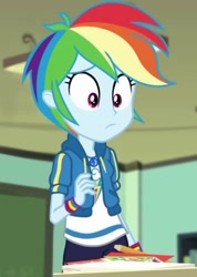 Size: 353x495 | Tagged: safe, derpibooru import, edit, edited screencap, screencap, rainbow dash, better together, equestria girls, the last day of school, alternate hairstyle, cropped, female, geode of super speed, magical geodes, short hair, short hair rainbow dash