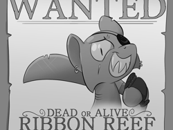 Size: 1201x901 | Tagged: safe, artist:pbnflash, derpibooru import, oc, oc only, oc:ribbon reef, original species, pony, shark pony, black and white, buck legacy, card art, cutlass, ear piercing, earring, eye scar, eyepatch, gills, grayscale, jewelry, looking at you, monochrome, paper, piercing, scar, sharp teeth, solo, sword, teeth, wanted poster, weapon