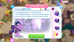 Size: 1280x720 | Tagged: safe, derpibooru import, tantabus, twilight sparkle, pony, do princesses dream of magic sheep, clothes, dress, female, game screencap, gameloft, gem, group quests, mare, raised hoof, speech bubble