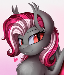 Size: 1722x2003 | Tagged: safe, artist:pridark, derpibooru import, oc, oc only, bat pony, pony, bat pony oc, bust, commission, fangs, female, heart, mare, portrait, slit eyes, smiling, solo