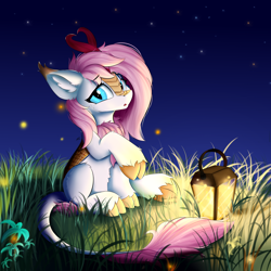 Size: 1500x1500 | Tagged: safe, artist:lunar froxy, derpibooru import, oc, oc only, oc:flameheart, kirin, cloven hooves, female, grass, grass field, kirin oc, kirin-ified, lantern, leonine tail, mare, night, night sky, sky, solo, species swap