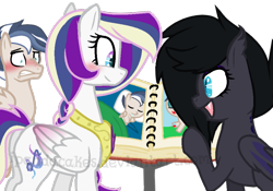 Size: 904x634 | Tagged: safe, artist:ipandacakes, derpibooru import, oc, oc only, oc:euphony, oc:ice lance, oc:mystic shadow, bat pony, pony, base used, female, male, mare, offspring, parent:fleur-de-lis, parent:princess cadance, parent:shining armor, parent:spearhead, parents:shiningcadance, photo album, simple background, stallion, transparent background