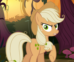 Size: 1013x850 | Tagged: safe, derpibooru import, screencap, mean applejack, pony, the mean 6, clone, cropped, everfree forest, female, glare, raised hoof, solo, underhoof