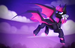 Size: 1024x650 | Tagged: safe, artist:scarlet-spectrum, derpibooru import, oc, oc only, bat pony, pony, bat pony oc, bat wings, bow, cloud, commission, cute, cute little fangs, digital art, ear fluff, fangs, female, flying, hair bow, mare, night, sky, tail bow